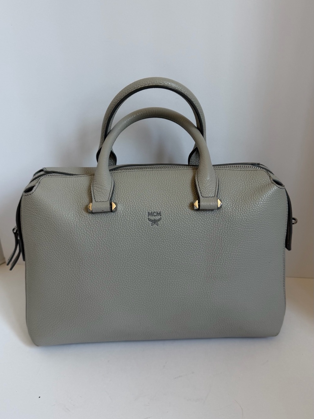 MCM Light Grey Pebbled Leather Satchel